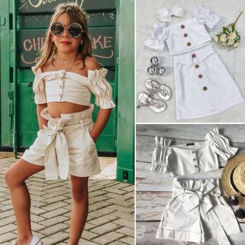 Dropshipping 2Pcs Set Summer Kids Baby Girl Off-Shoulder Ruffle Tops Bowknot Shorts&Dress Clothes