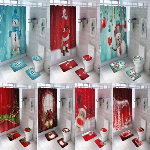 Merry Christmas Bathroom Set Snowman Santa Claus Elk Pattern Waterproof Shower Curtains Toilet Cover Mat Non Slip Rug Home Decor