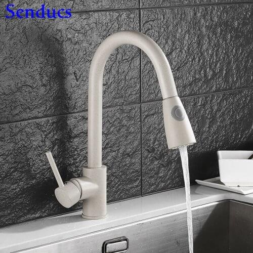 Senducs Brass Pull Down Kitchen Faucet Luxury Home Hot Cold Kitchen Sink Mixer Tap Deck Mounted Copper Pull Out Ktichen Tap
