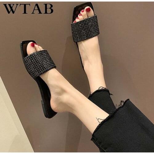 WTAB new fashion summer shoes women slippers 2019 beach crystal flat fur slides slippers solid mules ladies slippers mujer