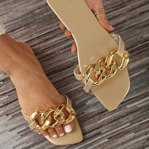 MCCKLE Summer Womens Slippers Flats Metal Chain Ladies Slides Square Toe Flip Flops Woman Beach Slipper Slip On Female Shoes