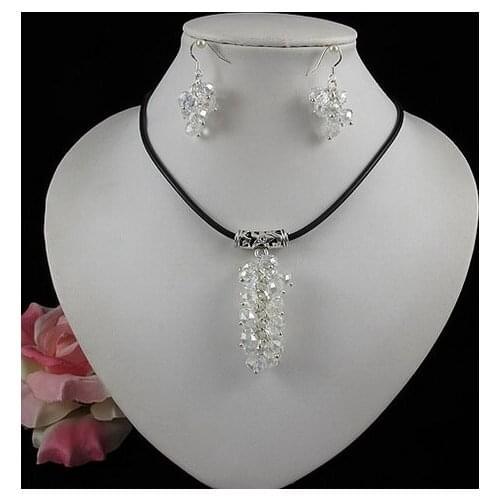 Unique Pearls jewellery Store,Black Leather White Crystal Beads Grape Necklace 925 Silver Dangle Earrings,Perfect For Woman Gift