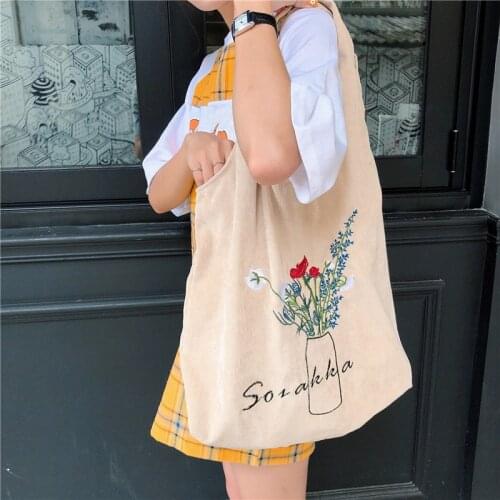 Women Corduroy Shoulder Bag Ladies Embroidery Canvas Shopping Bags Female Eco Cotton Cloth Handbag Foldable Tote Large Capacity