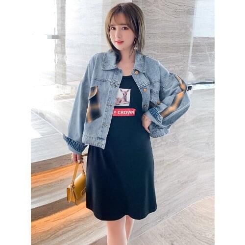 High quality Gradient Plaid patch pocket Butterfly Embroidery denim coat 2021 summer new pattern