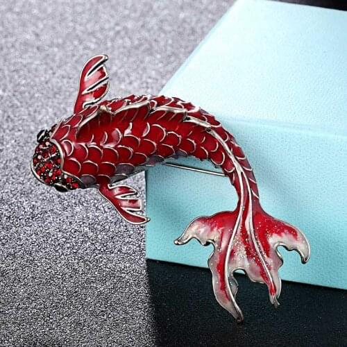 Zlxgirl jewelry Kawaii Cute womens vintage red goldfish pin brooch hijab accessory perfect rhinestone scarf pins bags jewelry