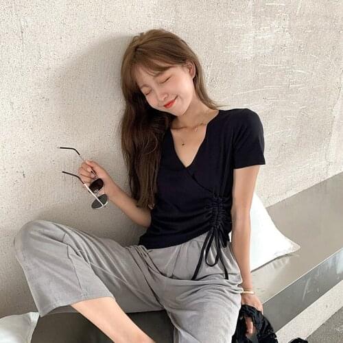 Vintage sweet summer new high waist short-sleeved t-shirt female V-neck cord top tide