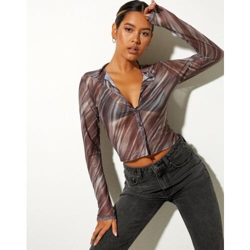 Women’s Button Down Shirts Sexy Long Sleeve Striped Print Sheer Mesh Lapel Crop Tops Slim Fir Female Casual Tops