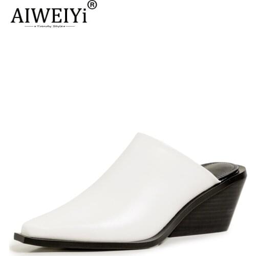 AIWEIYi Woman Slippers Female New Pointed Toe Thick Heel Leather Half Drag High Heel Sandals Closed Toe Mules Slippers