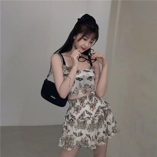 New Ladies Suspender Short Skirt Suit Butterfly Floral Print Thin Shoulder Strap Sleeveless Top + Stretch High Waist Mini Skirt