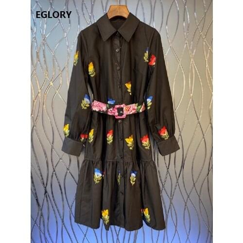 2020 Autumn Fashion Long Shirt Dress High Quality Designer Women Exquisite Embroidery Flowers Belt Deco Long Sleeve Dress Khaki