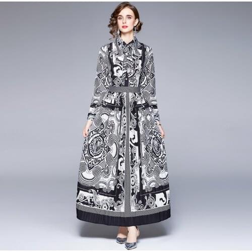 Long Sleeve Big Shirt Dresses Long Pleated Print Fashion Long Shirt Dress Women Elegant Turn-down Collar Office Lady Maxi Dress