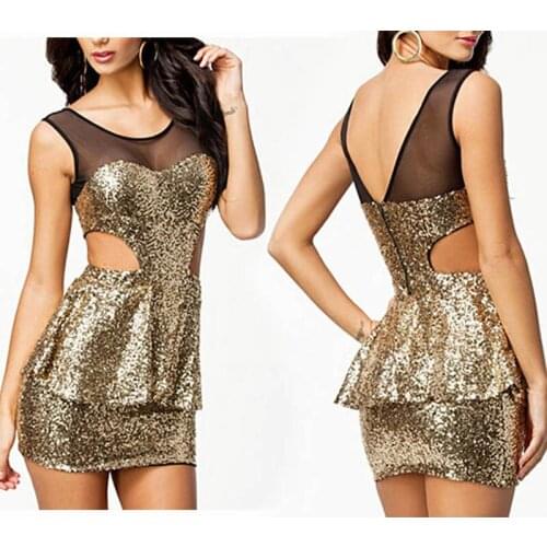 Wonder Beauty High Quality Gold Clinquant Mesh Cutout Peplum Dress New Fashion Short Party Club Wear Sequin Dresses Vestidos