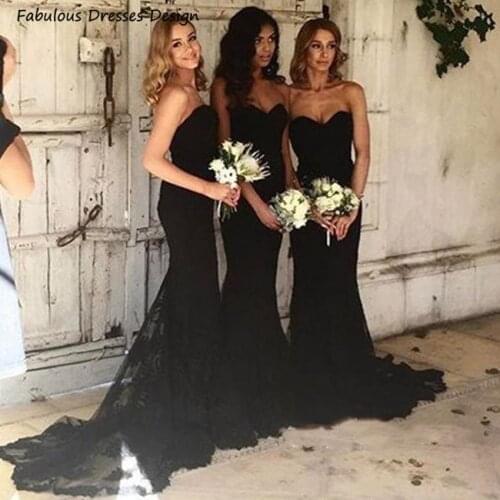 2021 Black Strapless Mermaid Bridesmaid Dresses Applique Lace Sweetheart Sweep Train Long Wedding Party Dress فساتين السهرة