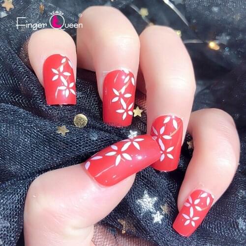 24pcs Box Artificial Nails Reusable False Nails Acrylic Semi-Permanent Flower Red Beauty White Tips Halloween Design Major