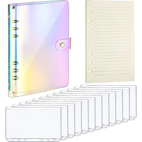 58Pcs A6 Soft 6-Ring PVC Binder Notebook Cover with Snap Button 12 Binder Zipper Pockets Folders and 1 Pack 45 Loose Leaf Paper