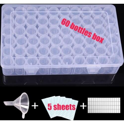 60 Bottles Diamond Painting Box Tool Container Storage Box Diamond Cross Stitch Accessories Tool funnel Label sticker