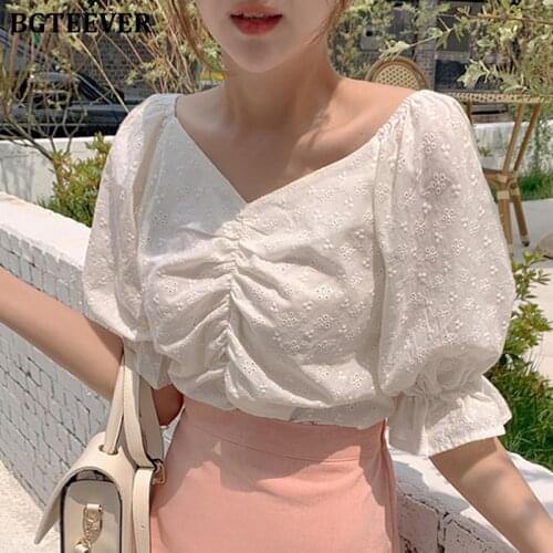 BGTEEVER Chic V-neck Puff Sleeve Women White Shirts Blouses Summer Fashion Hollow Out Female Solid Shirts 2020 Ladies Tops