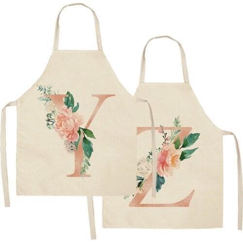 1Pcs Pink Letter Flower Kitchen Aprons for Women Cotton Linen Household Cleaning Pinafore Home Cooking Apron 55*68cm