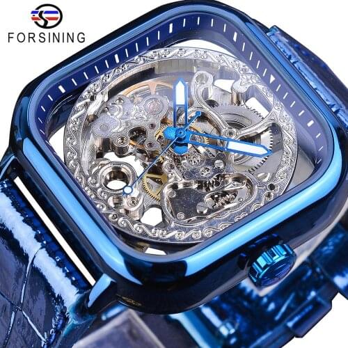 Forsining Classic Business Design Blue Leather Mens Automatic Luminous Hand Transparent Mechanical Skeleton Watches Brand Luxury