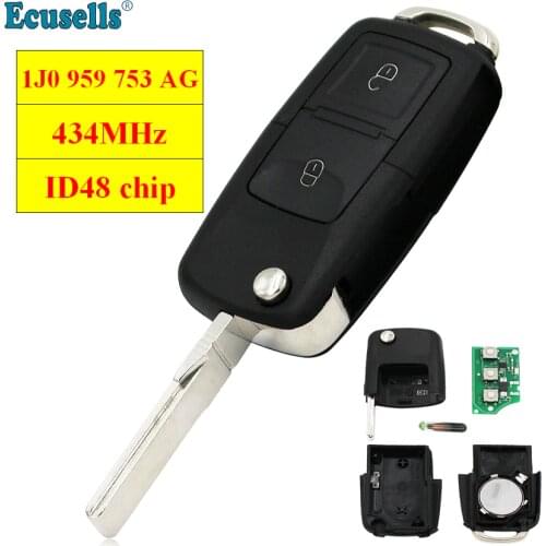 Flip Key Keyless Entry 2 button remote key For VOLKSWAGEN Golf Passat Seat for Skoda 433MHZ ID48 Chip 1J0 959 753 AG 1J0959753AG