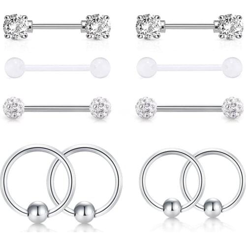 Nipple Rings Elegant CZ Stone Nipple Barbell Piercing 316L Stainless Steel 14G Nipple Bar Ball Closure Ring Body PiercingJewelry