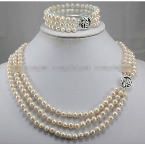 3Rows Natural 7-8mm White Cultured Pearl Necklace Bracelet set