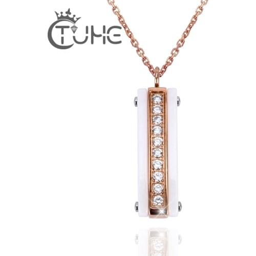 New Black White Rose Gold Ceramic Pendant For Women Rectangle Shape Necklace Stone Crystal Choker Necklaces Wedding Jewelry Gift