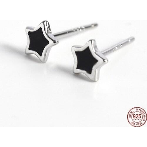 LKO Minimalist Black Enamel Stud Earrings Small Star Earrings 925 Sterling Silver Wedding Party Earrings For Women Ornaments
