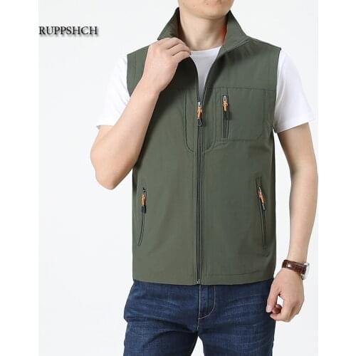 Men Vest Jacket Vest Breathable Summer New Style Solid Color Stand-Up Collar Fishing Mountaineering Work Sleeveless Pocket