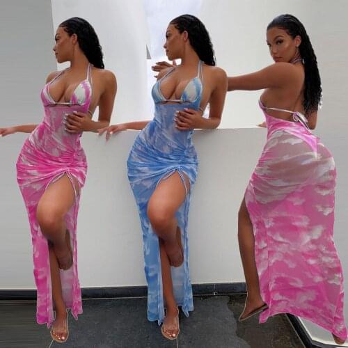 New Bikinis Set Women Mesh Print Halter Bandage Tops Low Waist Underpants Shirring Splited Long Skirts 3 Piece Set Beachwear