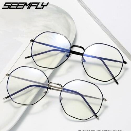 Seemfly Anti Blue Light Glasses Frames Men Women Metal Polygon Computer Goggles Eyeglasses Plain Mirror Myopia Spectacle Frames