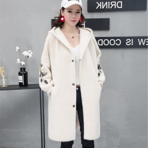 Imitation Water Velvet Coat Women Knit Cardigan 2020 New Autumn Winter Long Sleeve Hooded Warm Mid-Length Windbreaker Outerwear
