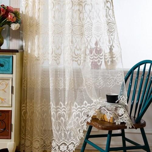 Luxury Embroidered Flower Print Divider Tulle Voile Drape Sheer Curtain For Door Living Office Window Curtains Home Room Drapes