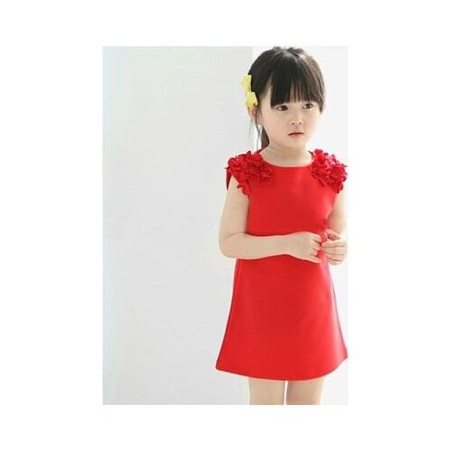 Retail Solid Flower Lovely Girls' Dresses Summer Cotton Sleeveless Kids Girls Dresses Red Pink Girls Princess Dress for Children