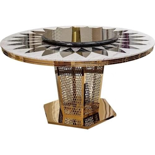ChinaFurniture Alternative Processing Factory Modern Light Luxury Marble Countertop Stainless Steel Feet Round Dining Table Set