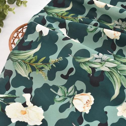 Pure Cotton Dark Green Big Flower Thin Soft Fabric Clothes Skirt Childrens Clothes Shirt Dress Tablecloth Handmade DIY Fabric