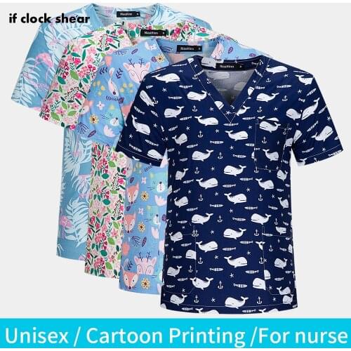 Cute Cartoon Printed Medical Tops Unisex V-neck Nurse Workwear Pet Scrubs Tops Short Sleeved Dentistry Clinic Nurse Work T-shirt