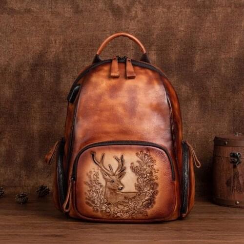 Vintage Bag Handmde Embossing Women Cowhide Backpack 2021 New Genuine Leather Large Capacity Leisure Travel Bags Pack Sac A Dos