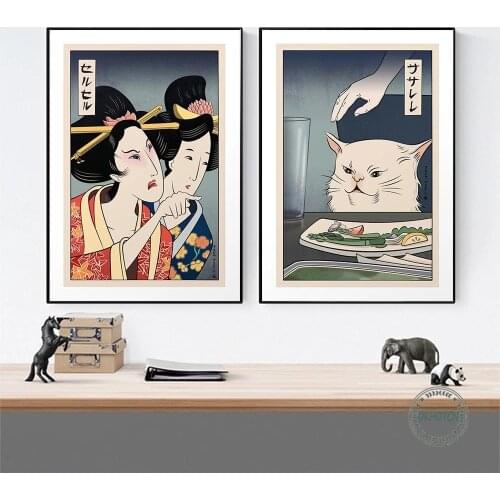 Funny Cute Canvas Painting Japanese Geisha Woman Yelling At Cat Posters and Prints Wall Art Pictures for Living Room Bedroom
