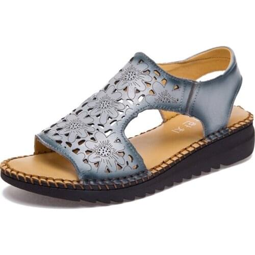 2021 New Vintage Summer Women Wedge Sandals Comfortable Hollow Out Flower Open Toe Sandals Women Handmade Genuine Leather Shoes