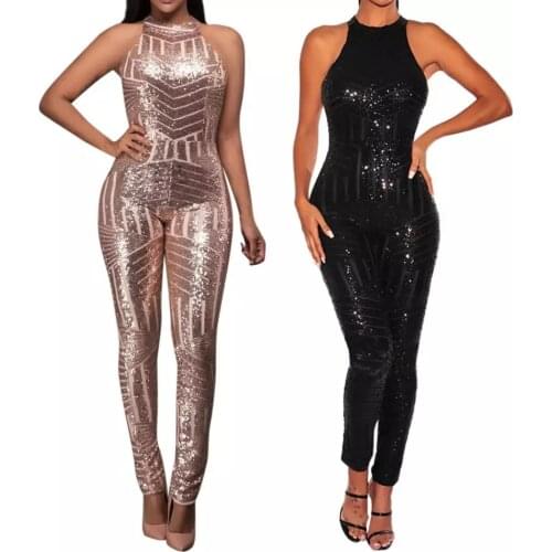 BE HYGGE Summer O-Neck Off Shoulder Sleeveless 2020 Sequin Jumpsuit Women Jumpsuit Black Sexy Halter Bodycon Romper