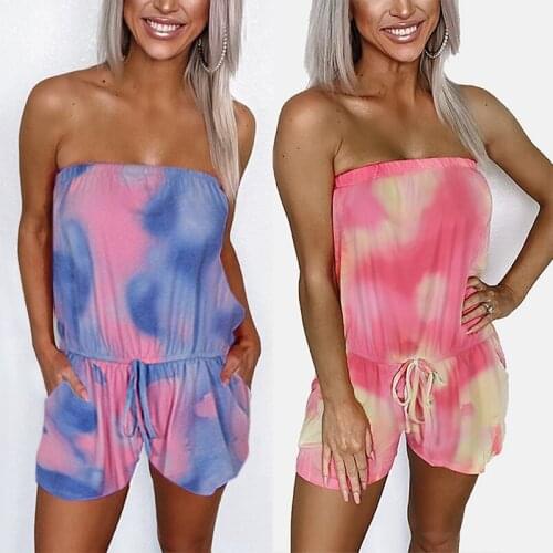 Women Off Shoulder Tie Dye Summer Casual Jumpsuit Sexy Streetwear Set with Belt