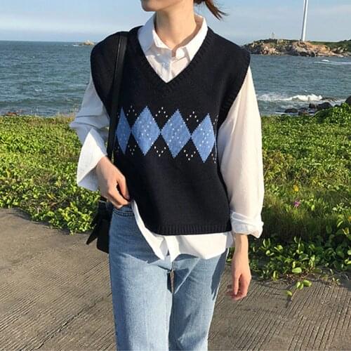 Sleeveless Pullover Spring 2020 Korean Preppy Style Vintage Plaid V-Neck Knitted Argyle Sweater Vest Women Black Gray Khaki