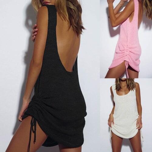 2021 Women Summer Cover Up Mini Dress Sexy Solid O Neck Backless Side Drawstring Design Sleevless Thin Beach Dresses Holiday