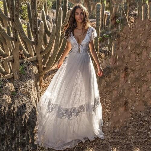 Thinyfull Sexy Spaghetti Straps Boho Wedding Dresses Backless A Line Bride Dresses Tulle Lace Appliques Vestido De Novia 2020