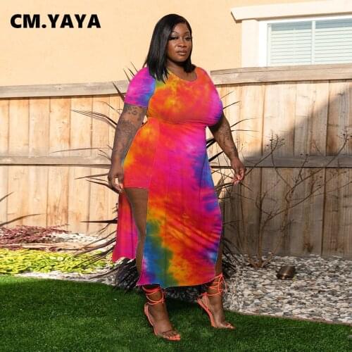 CM.YAYA Women Plus Size Dress Tie Dye Short Sleeve O-neck Stretchy Splited Long Maxi Dresses with Shorts Fashion Outfits Summer
