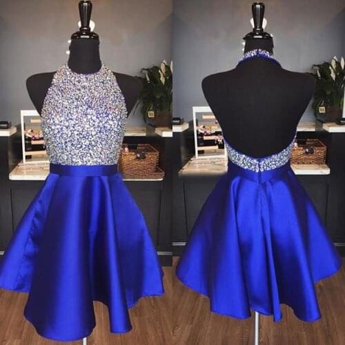 LZL Home Satin Backless Homecoming Dresses Jewel Halter Sequins Crystal Backless Short Prom Dresses Sparkly Party Dresses