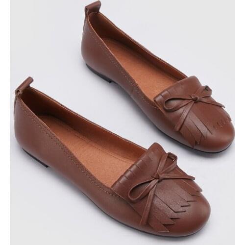 Womens genuine leather fringe bow tie slip-on ballet flats leisure soft comfortable espadrilles daily ballerinas shoes women