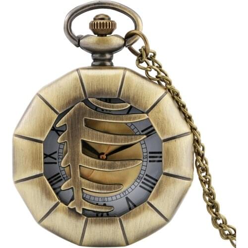 Retro Bronze Polygon Hollow Skeleton Necklace Watch Fishbone Bone Design Pendant Quartz Pocket Watch Chain Jewelry Antique Gifts