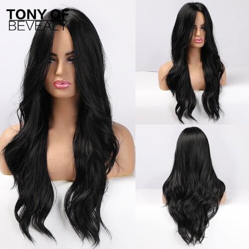 Long Wavy Black Wigs Middle Part Heat Resistant Synthetic Wigs for Women African American Daily Cosplay Natural Hair Wigs